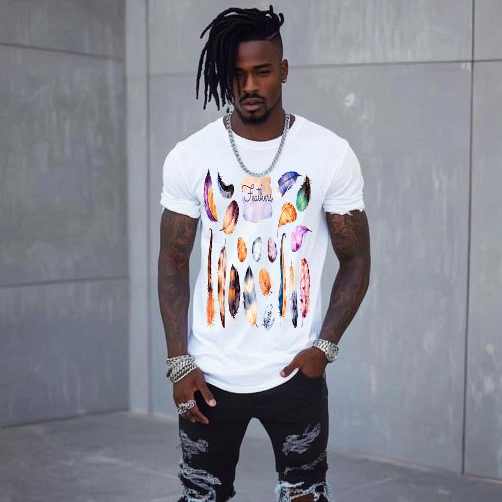 Fashion Graphic Men's White Fitted T-Shirt with colorful Feather Short Sleeve Polyester Curved Tee