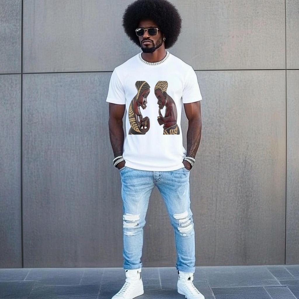 Fashion Graphic Men's White Fitted T-Shirt with African Twin Statue Short Sleeve Polyester Curved Tee