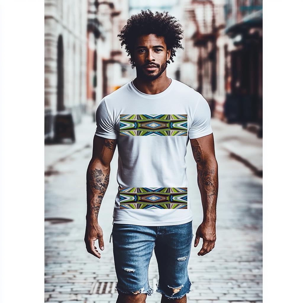 Fashion Graphic Men's White Fitted T-Shirt with striking Ankara pattern Short Sleeve Polyester Curved Tee