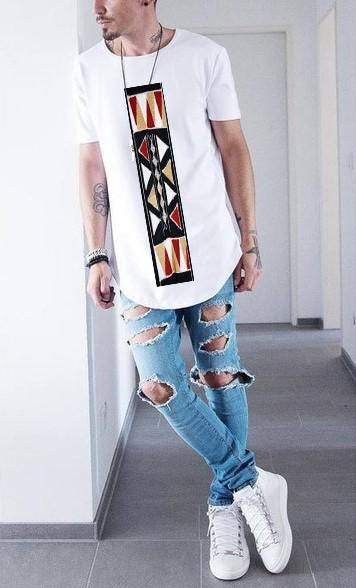 Fashion Graphic Men's White Fitted T-Shirt with striking Zulu Print Short Sleeve Polyester Curved Tee