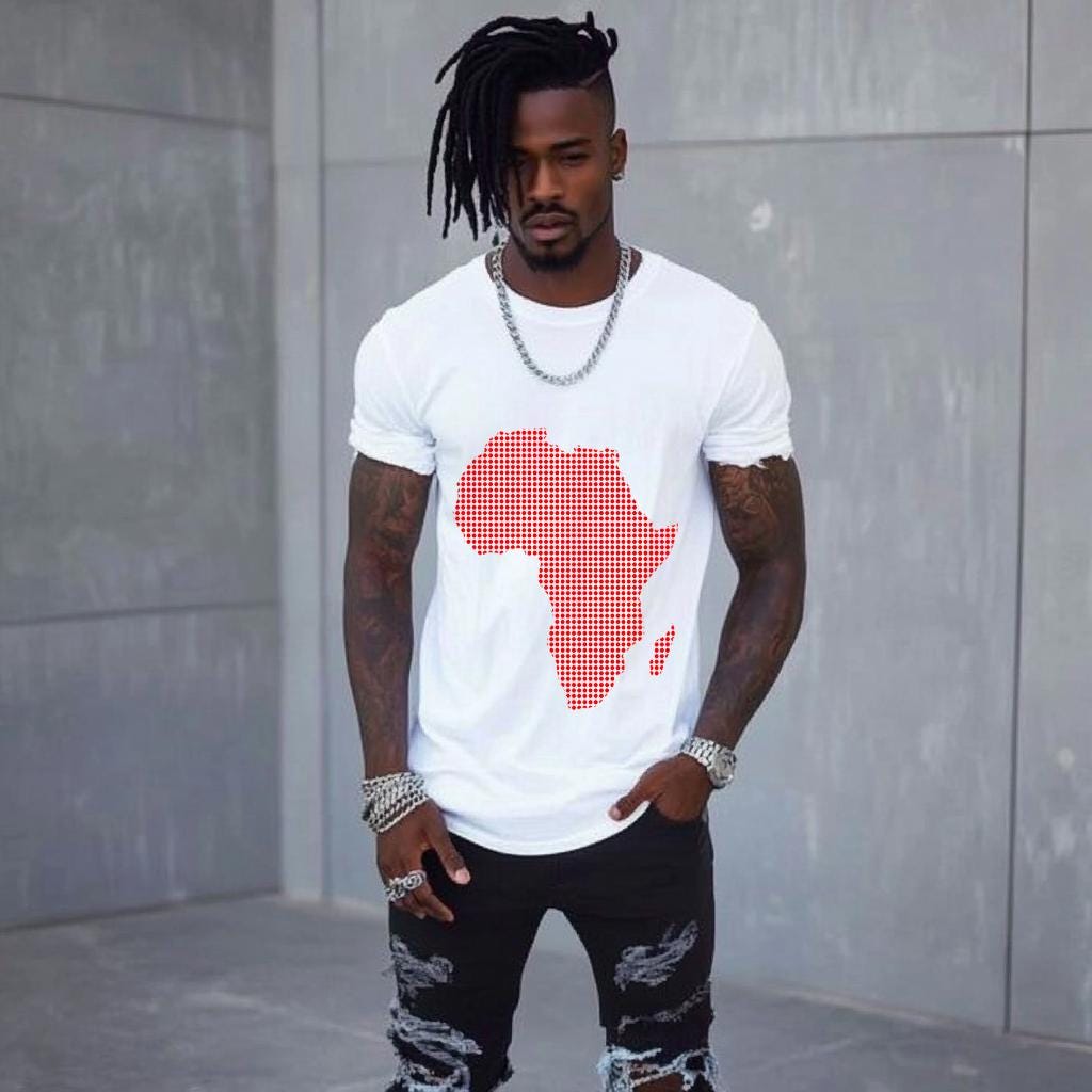 Fashion  Graphic Men's White Fitted T-Shirt with Dotted Africa Map Design  Short Sleeve Polyester Curved Tee