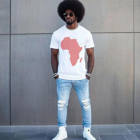 Fashion  Graphic Men's White Fitted T-Shirt with Dotted Africa Map Design  Short Sleeve Polyester Curved Tee