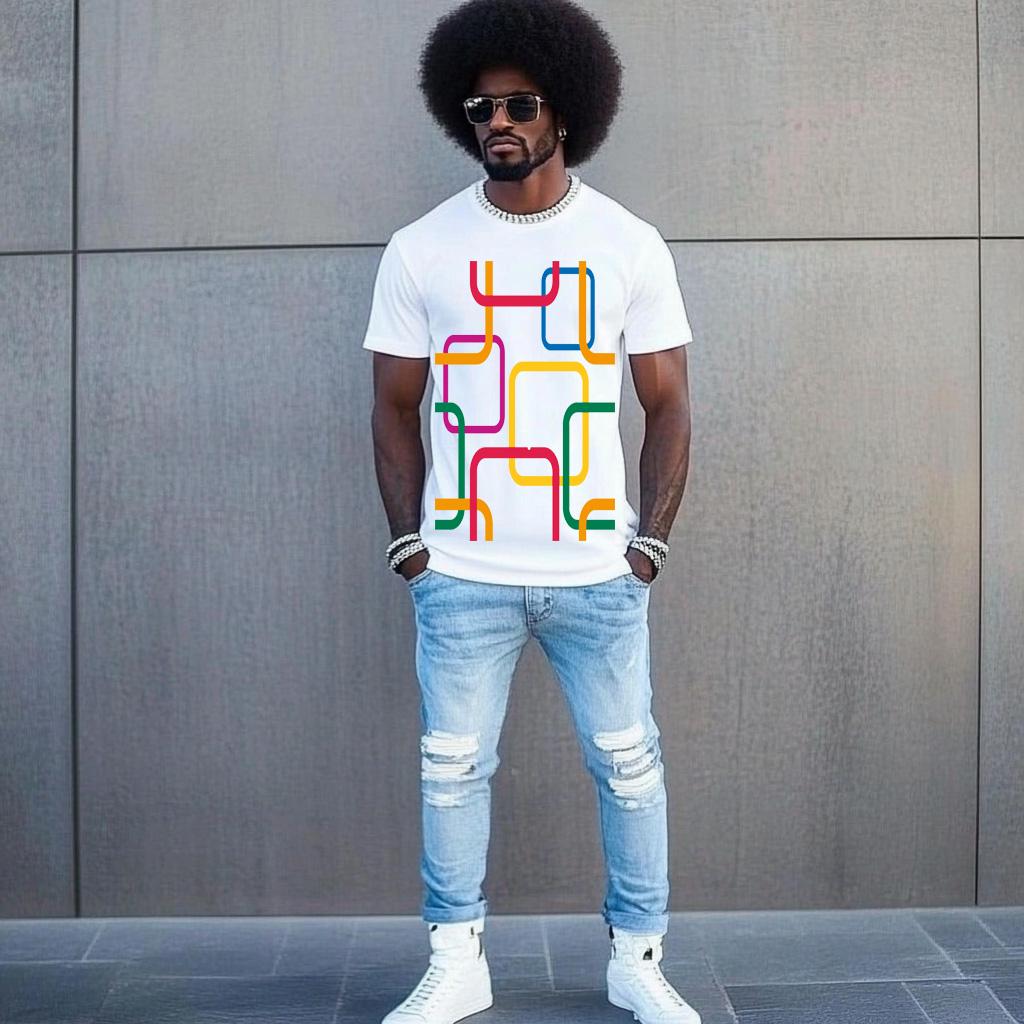 Fashion  Graphic Men's White Fitted T-Shirt with colorful pattern Short Sleeve Polyester Curved Tee