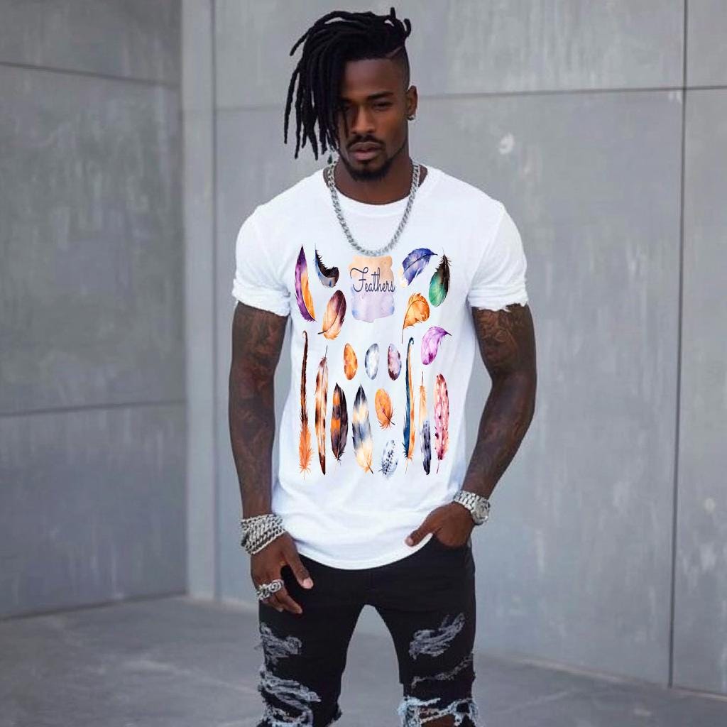 Fashion  Graphic Men's White Fitted T-Shirt with colorful Feather Short Sleeve Polyester Curved Tee