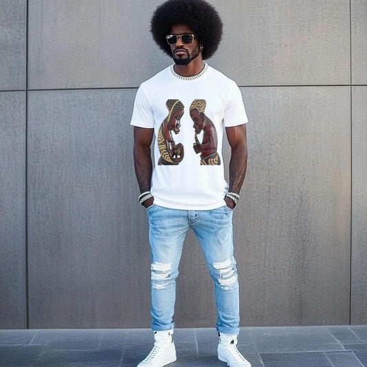 Fashion  Graphic Men's White Fitted T-Shirt with African Twin Statue Short Sleeve Polyester Curved Tee