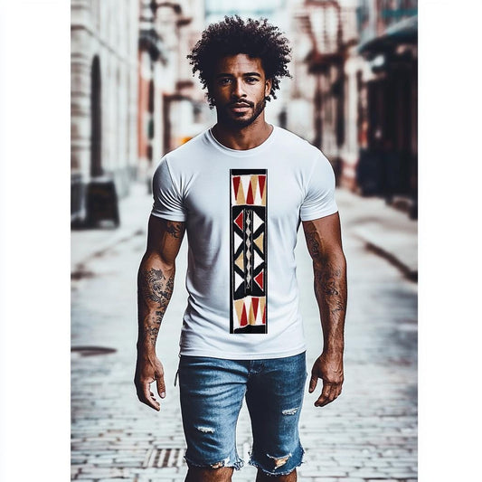 Fashion  Graphic Men's White Fitted T-Shirt with striking Zulu Print  Short Sleeve Polyester Curved Tee