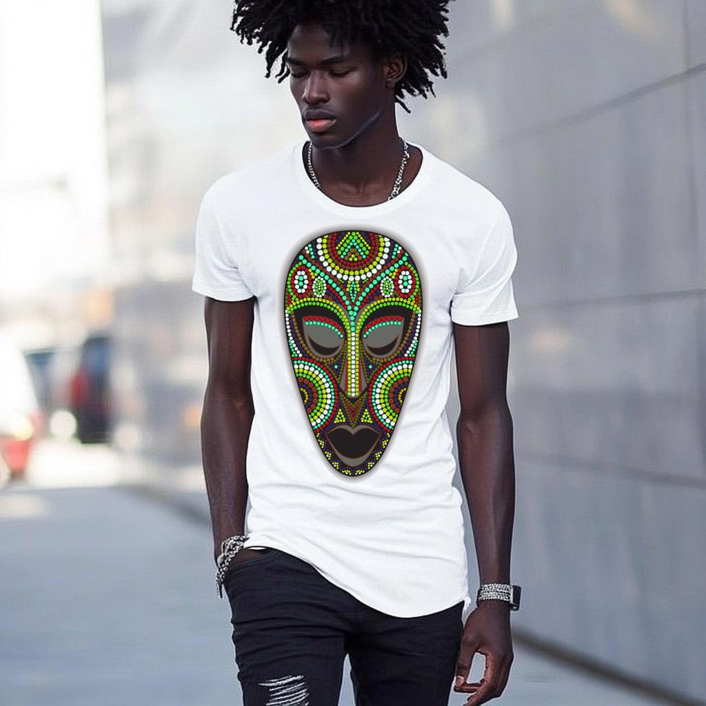 Fashion  Graphic Men's White Fitted T-Shirt with striking African Mask Art  Short Sleeve Polyester Curved Tee