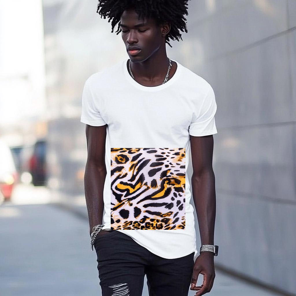 Fashion  Graphic Men's White Fitted T-Shirt with striking Animal pattern  Short Sleeve Polyester Curved Tee